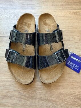 Birkenstock Arizona Two-Strap Sandals in Black Snake-Print